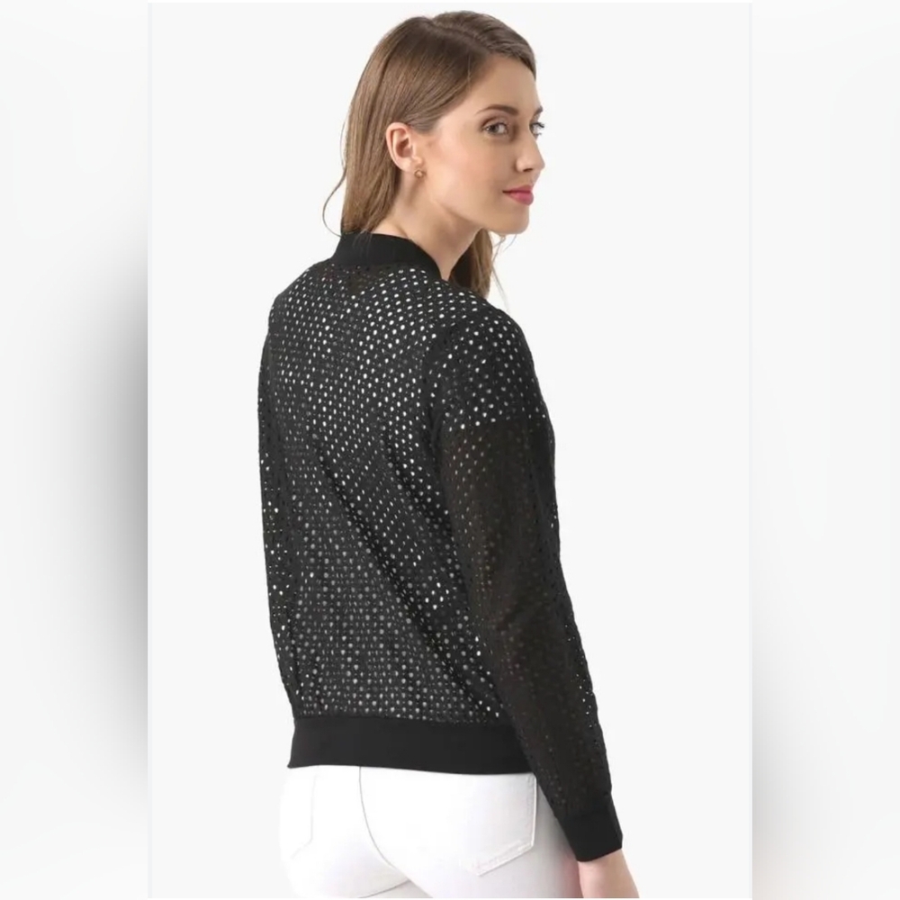 Nwt Peony & me Women's Laser Cut Long Sleeve Black Bomber Style Jacket Size S